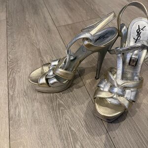 Yves Saint Laurent Shimmering Silver Strappy Heels